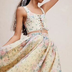 Selkie Floral Lace-Up Crop Top Yellow Floral Fantasy Soft Corset